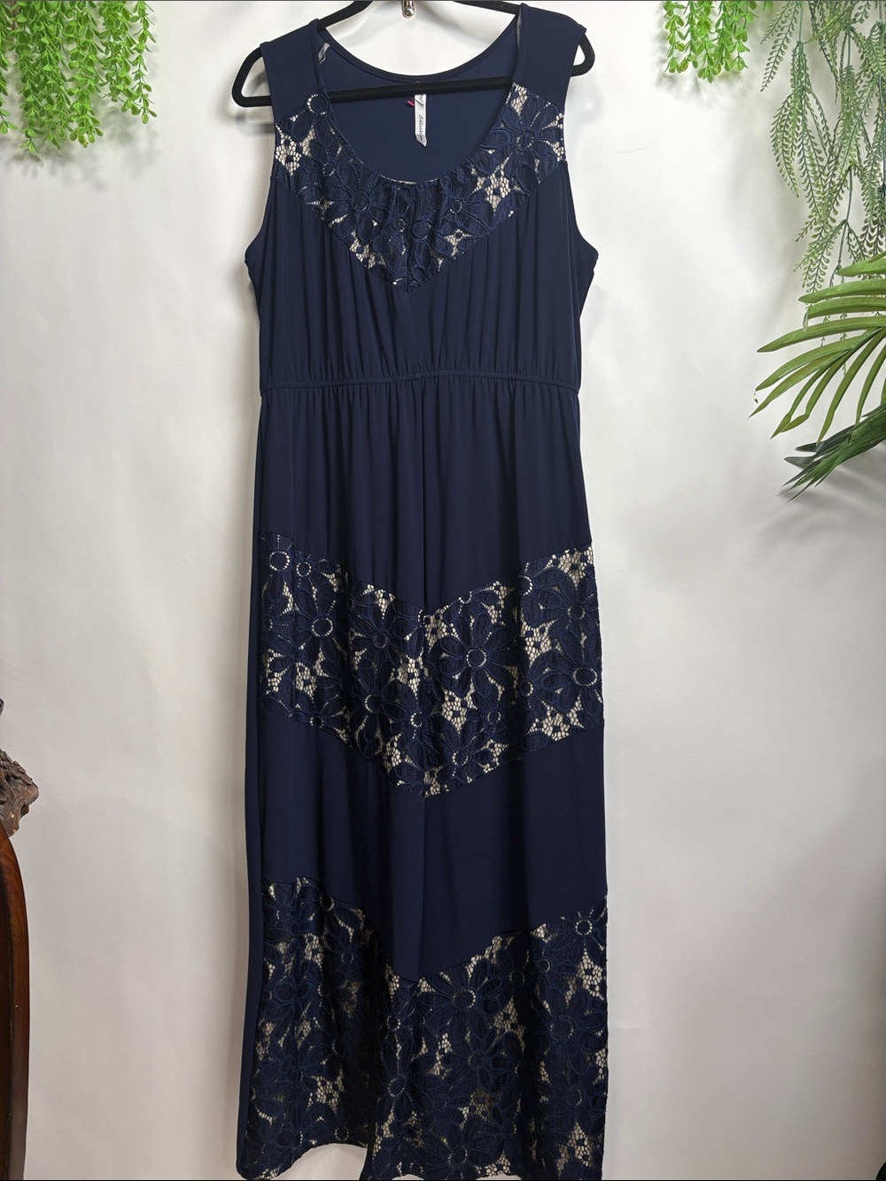 NY Collection Navy and Cream Lace-Trim Maxi Dress